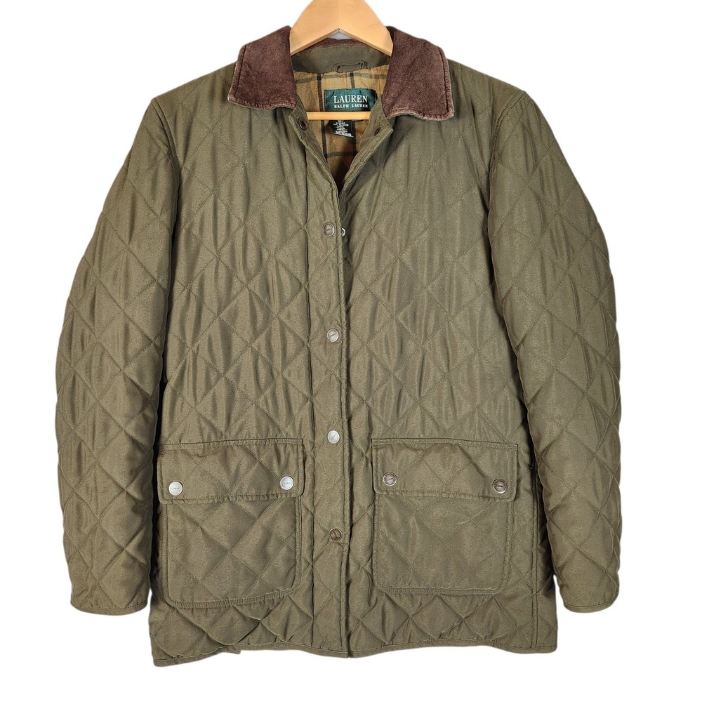 Lauren Ralph Lauren Quilted Barn Jacket Small Green Suede Trim Plaid Lined